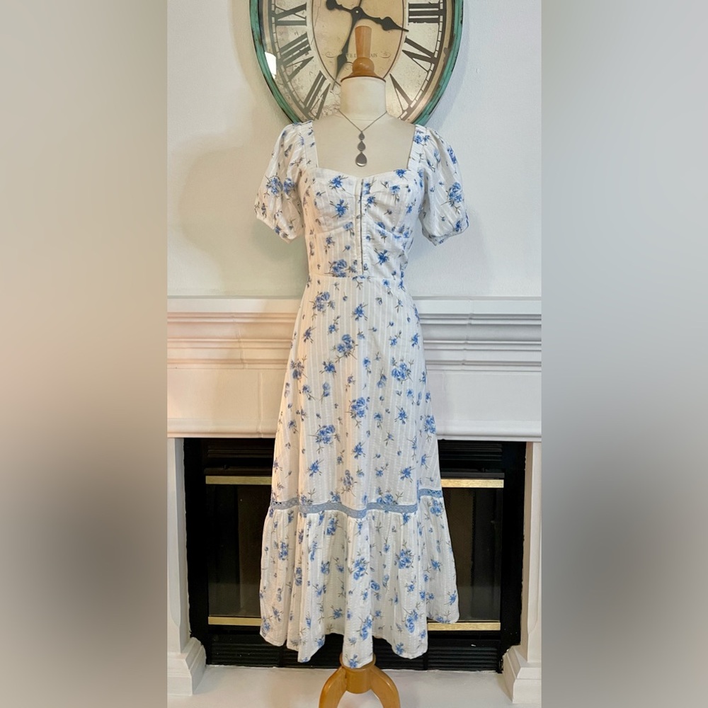 And Now This Chic Blue and White Floral Midi Dress